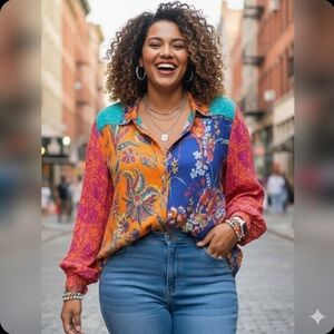 Soft Surroundings Patchwork Floral Tunic Top 3X Boho Button Down Multicolor